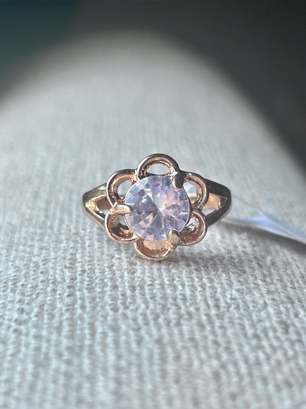 Gold Floral Ring with Clear CZ Stone - size 8